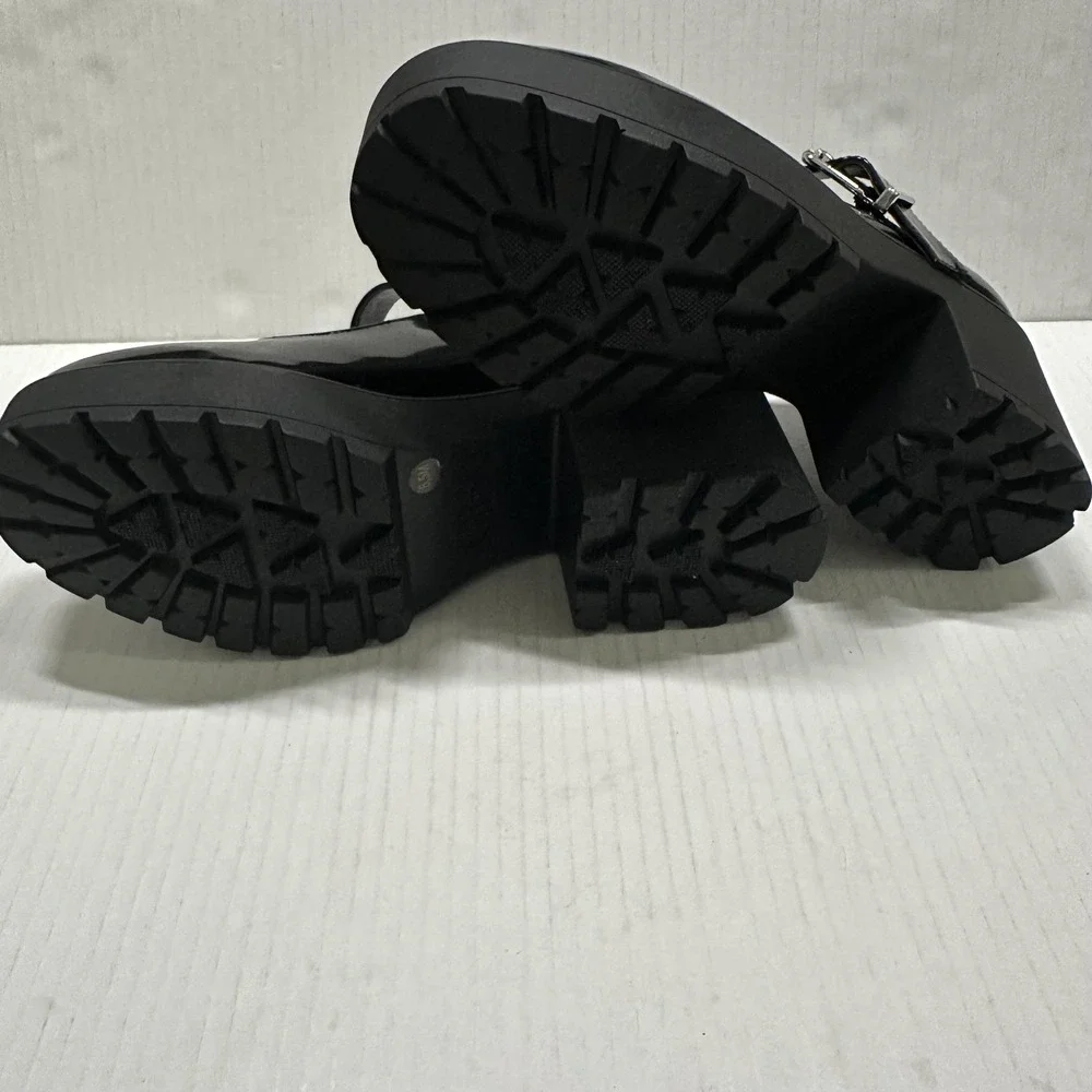 GB Mary Jane‎ Platform Heel Shoes Womens 8.5 Shiny Black Block Lug Sole Y2K